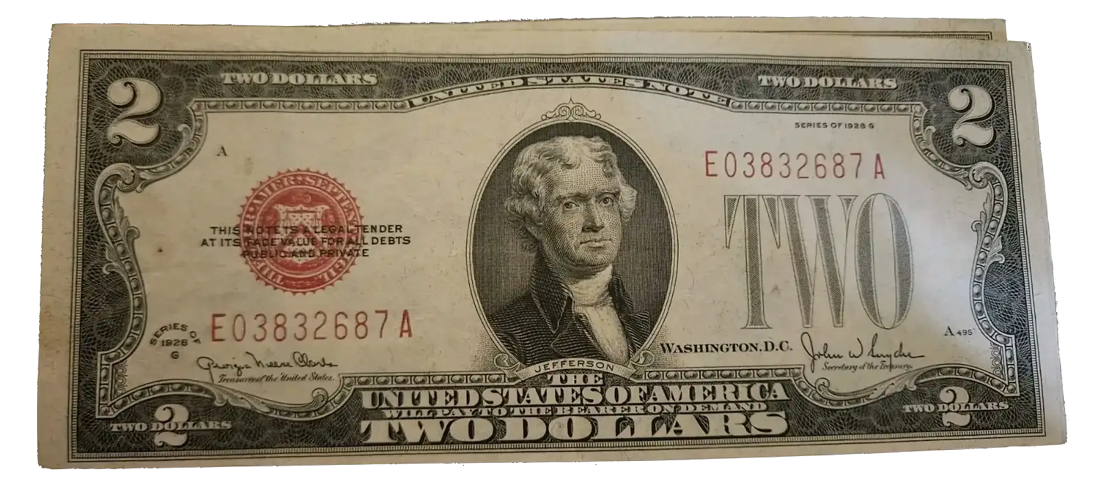 $2 bill 1928 Series (Red Seal Legal Tender Notes)